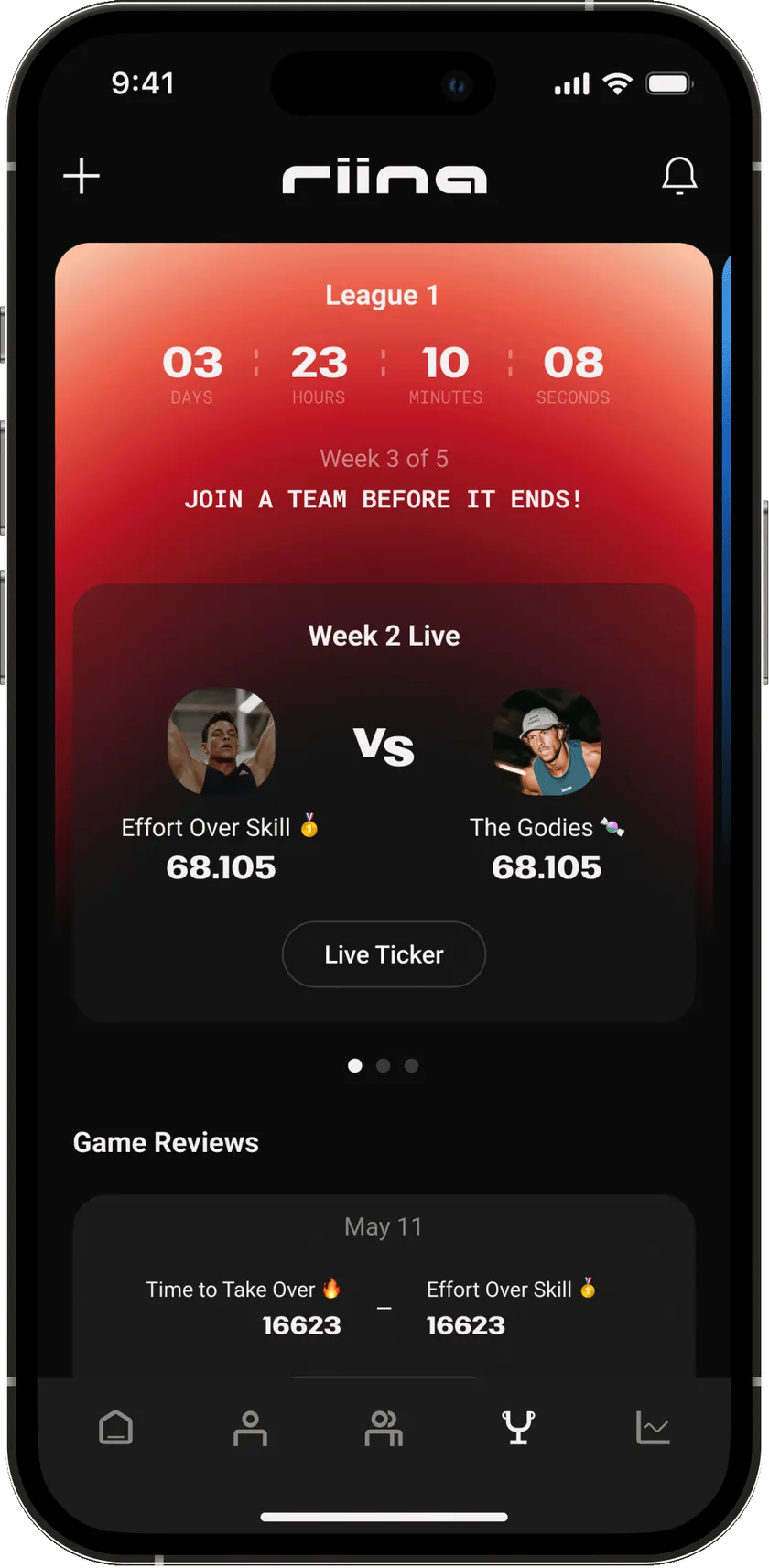 Riina app — League 1 matchup screen